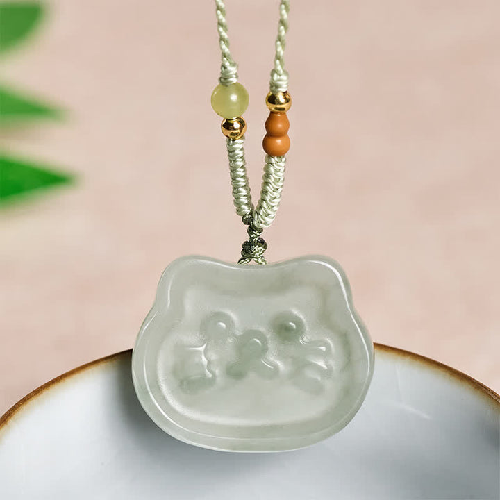 Buddha Stones Natural Jade Cat Harmony Hand-Woven Necklace
