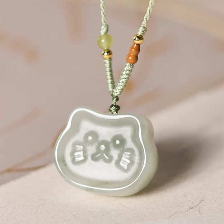 Buddha Stones Natural Jade Cat Harmony Hand-Woven Necklace
