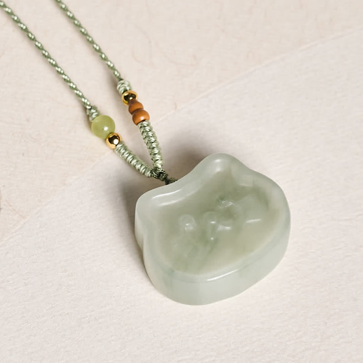 Buddha Stones Natural Jade Cat Harmony Hand-Woven Necklace