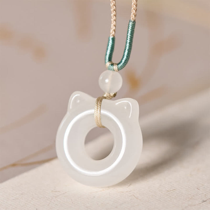 Buddha Stones Tianshan Jade Peace Buckle Cat Prosperity Pendant Necklace