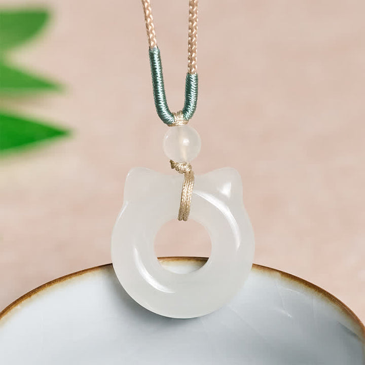 Buddha Stones Tianshan Jade Peace Buckle Cat Prosperity Pendant Necklace