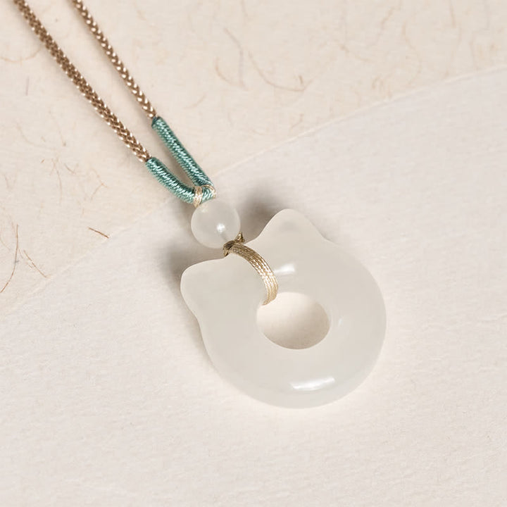 Buddha Stones Tianshan Jade Peace Buckle Cat Prosperity Pendant Necklace