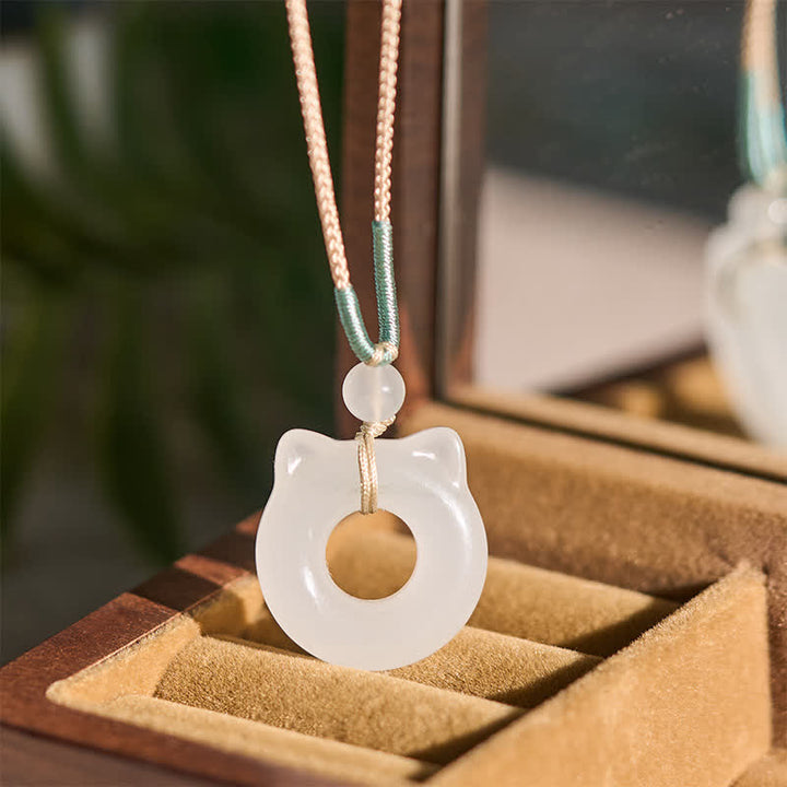 Buddha Stones Tianshan Jade Peace Buckle Cat Prosperity Pendant Necklace