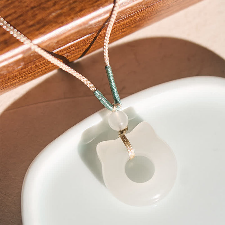 Buddha Stones Tianshan Jade Peace Buckle Cat Prosperity Pendant Necklace