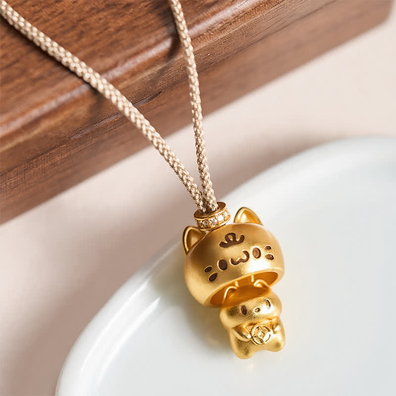 Buddha Stones Gold Plated Copper Cat Charm Healing Necklace