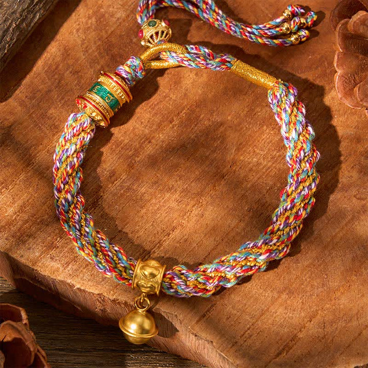 Buddha Stones Tibetan Om Mani Padme Hum Strength Bell Charm Multicolor Braided Rope Bracelet