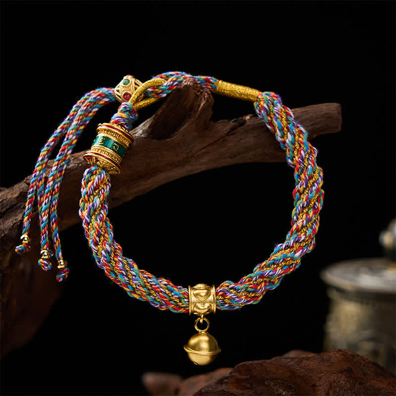 Buddha Stones Tibetan Om Mani Padme Hum Strength Bell Charm Multicolor Braided Rope Bracelet
