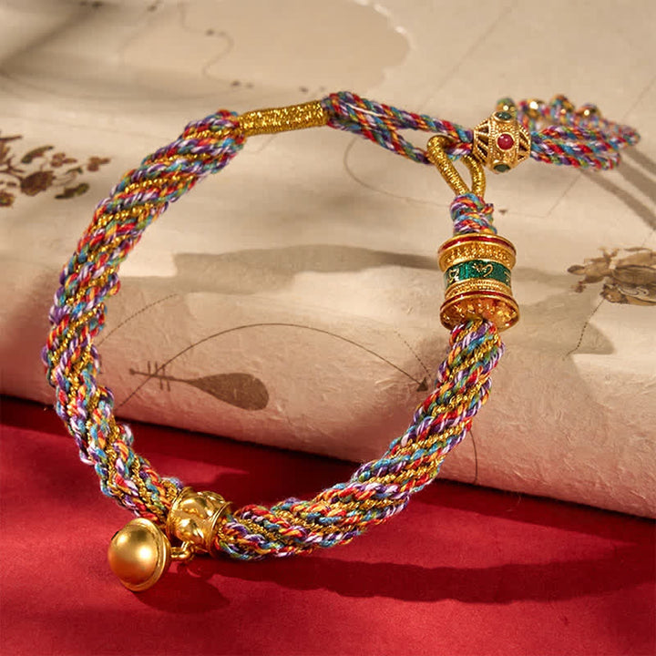 Buddha Stones Tibetan Om Mani Padme Hum Strength Bell Charm Multicolor Braided Rope Bracelet