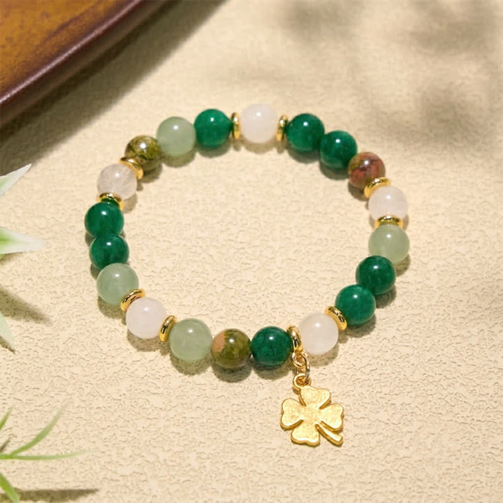 Buddha Stones Green Aventurine Four-leaf Clover Luck Round Beaded Bracelet
