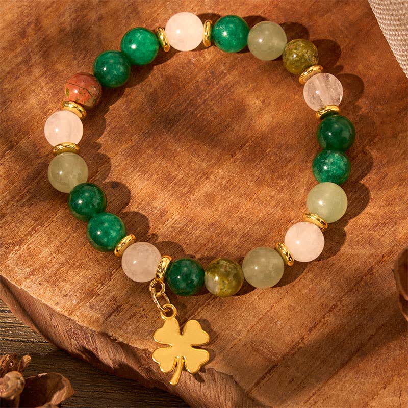 Buddha Stones Green Aventurine Four-leaf Clover Luck Round Beaded Bracelet