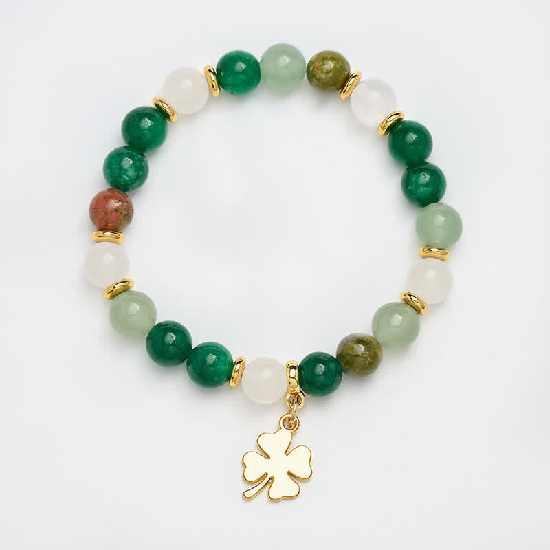 Buddha Stones Green Aventurine Four-leaf Clover Luck Round Beaded Bracelet