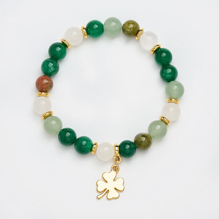 Buddha Stones Green Aventurine Four-leaf Clover Luck Round Beaded Bracelet