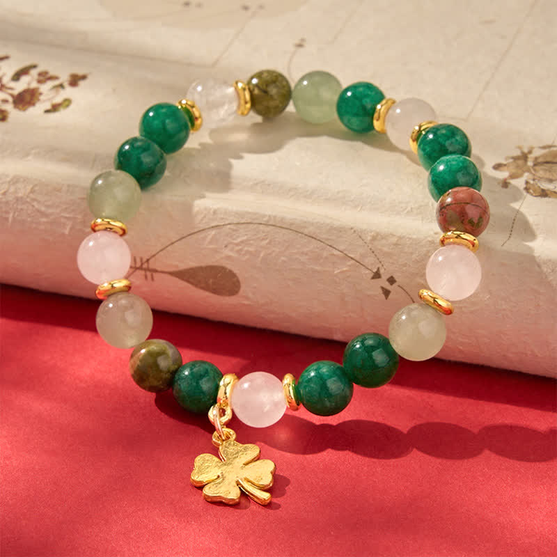 Buddha Stones Green Aventurine Four-leaf Clover Luck Round Beaded Bracelet