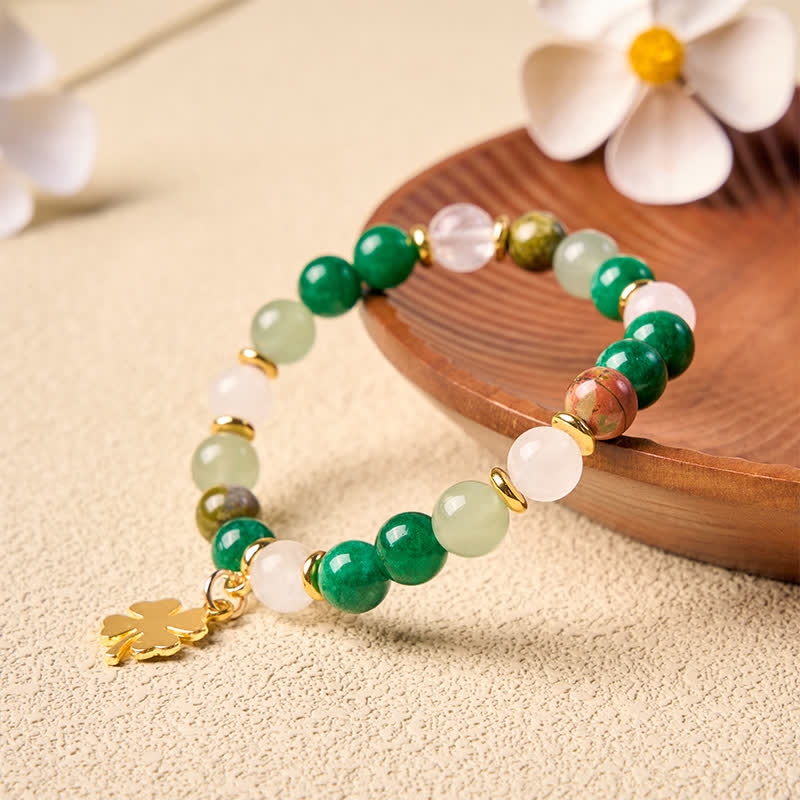 Buddha Stones Green Aventurine Four-leaf Clover Luck Round Beaded Bracelet