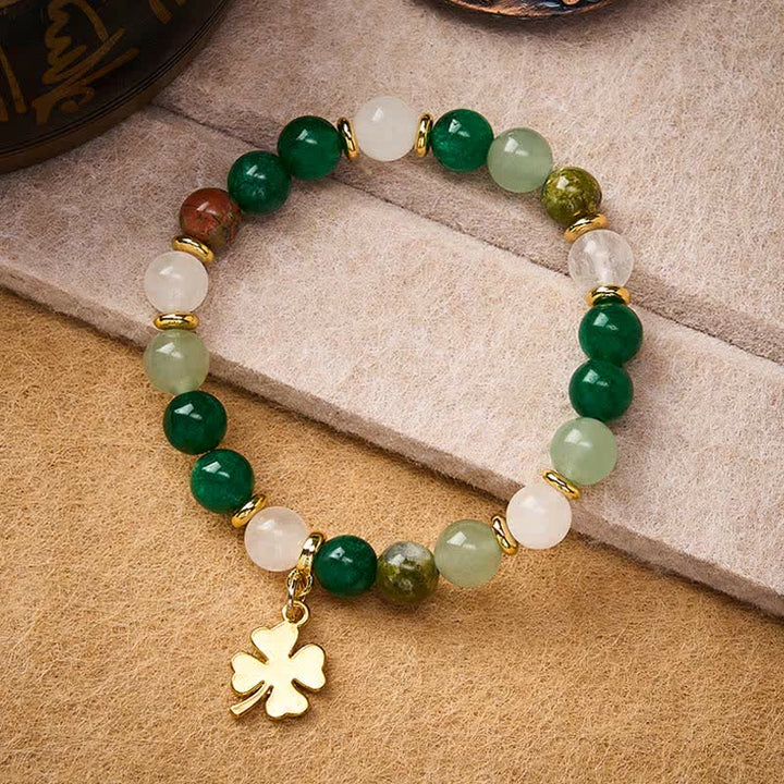 Buddha Stones Green Aventurine Four-leaf Clover Luck Round Beaded Bracelet
