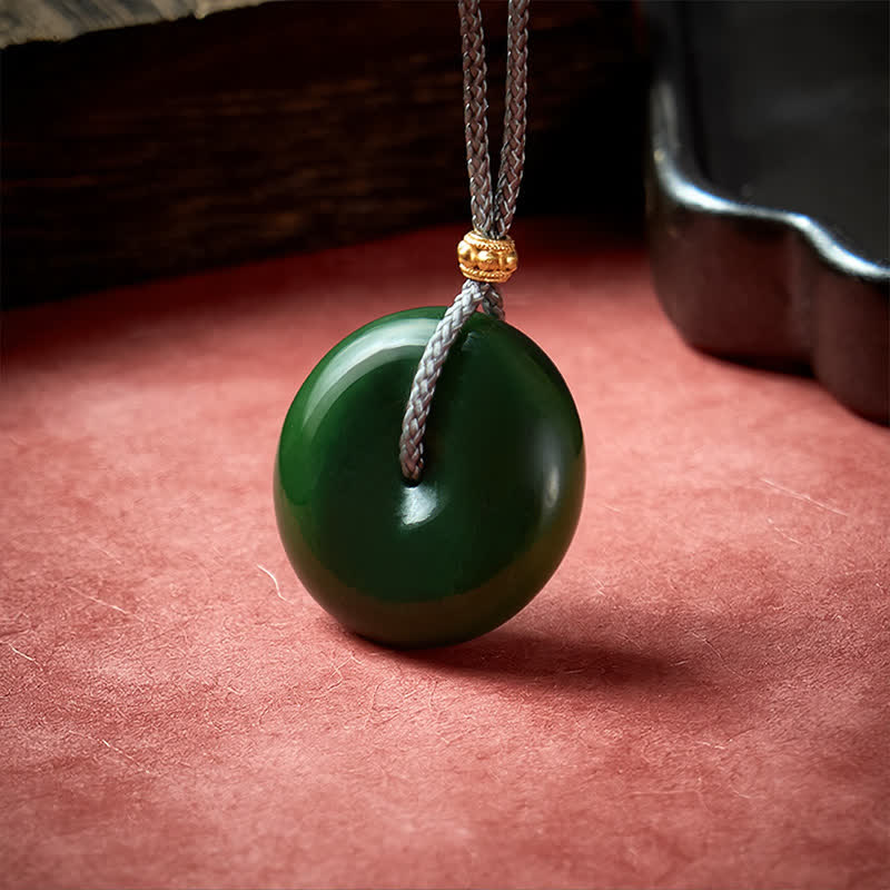 Buddha Stones Natural Cyan Jade Peace Buckle Abundance Pendant Rope Necklace