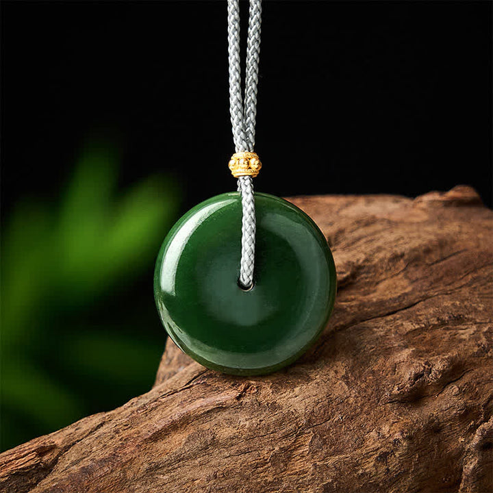 Buddha Stones Natural Cyan Jade Peace Buckle Abundance Pendant Rope Necklace