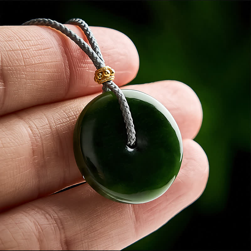 Buddha Stones Natural Cyan Jade Peace Buckle Abundance Pendant Rope Necklace