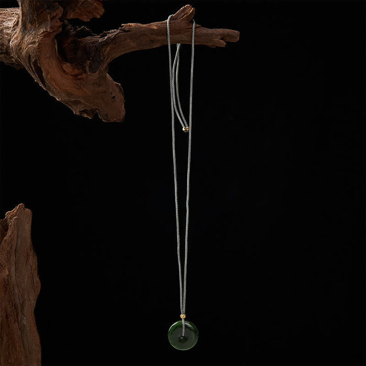 Buddha Stones Natural Cyan Jade Peace Buckle Abundance Pendant Rope Necklace