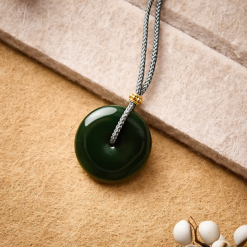Buddha Stones Natural Cyan Jade Peace Buckle Abundance Pendant Rope Necklace