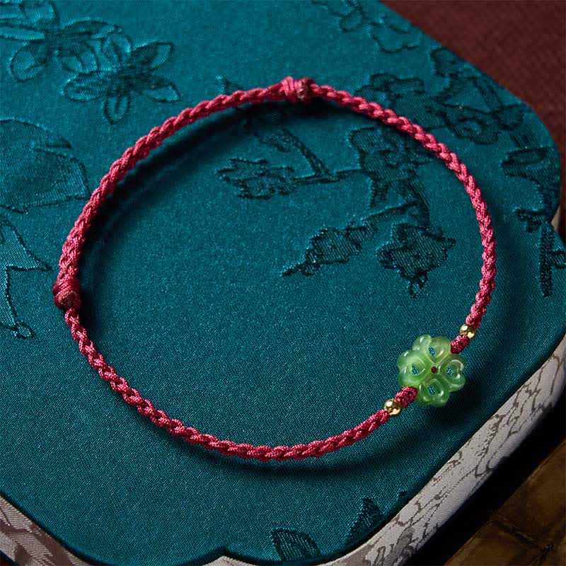 Buddha Stones Natural Hetian Cyan Jade Four-leaf Clover Luck Red Rope Bracelet