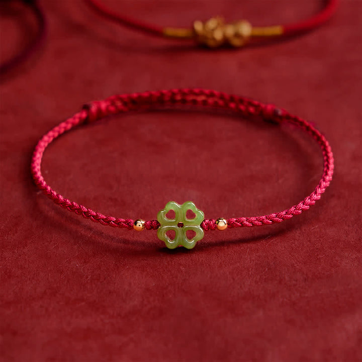 Buddha Stones Natural Hetian Cyan Jade Four-leaf Clover Luck Red Rope Bracelet