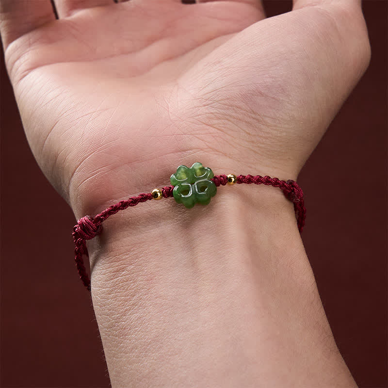 Buddha Stones Natural Hetian Cyan Jade Four-leaf Clover Luck Red Rope Bracelet