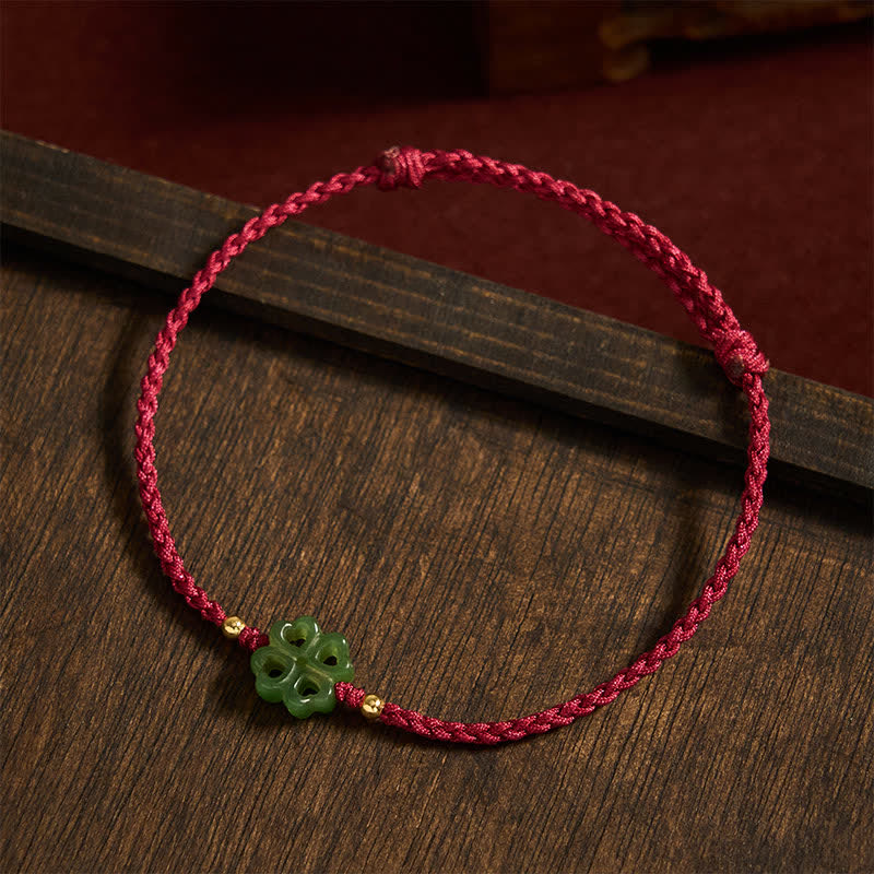 Buddha Stones Natural Hetian Cyan Jade Four-leaf Clover Luck Red Rope Bracelet