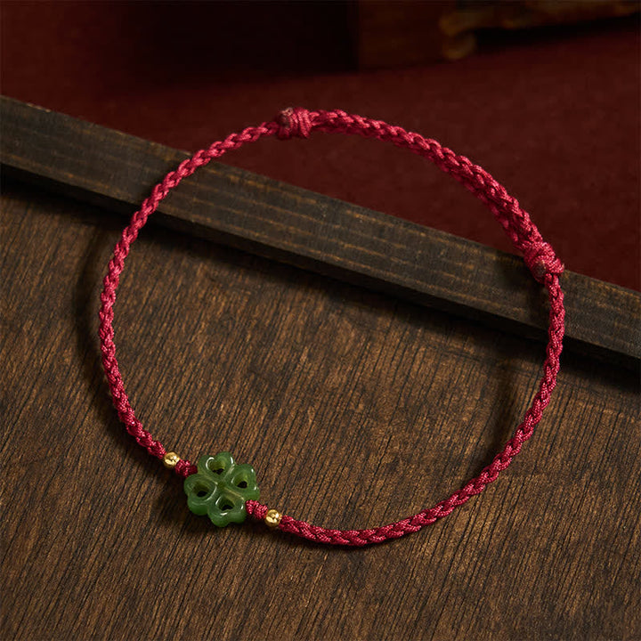 Buddha Stones Natural Hetian Cyan Jade Four-leaf Clover Luck Red Rope Bracelet