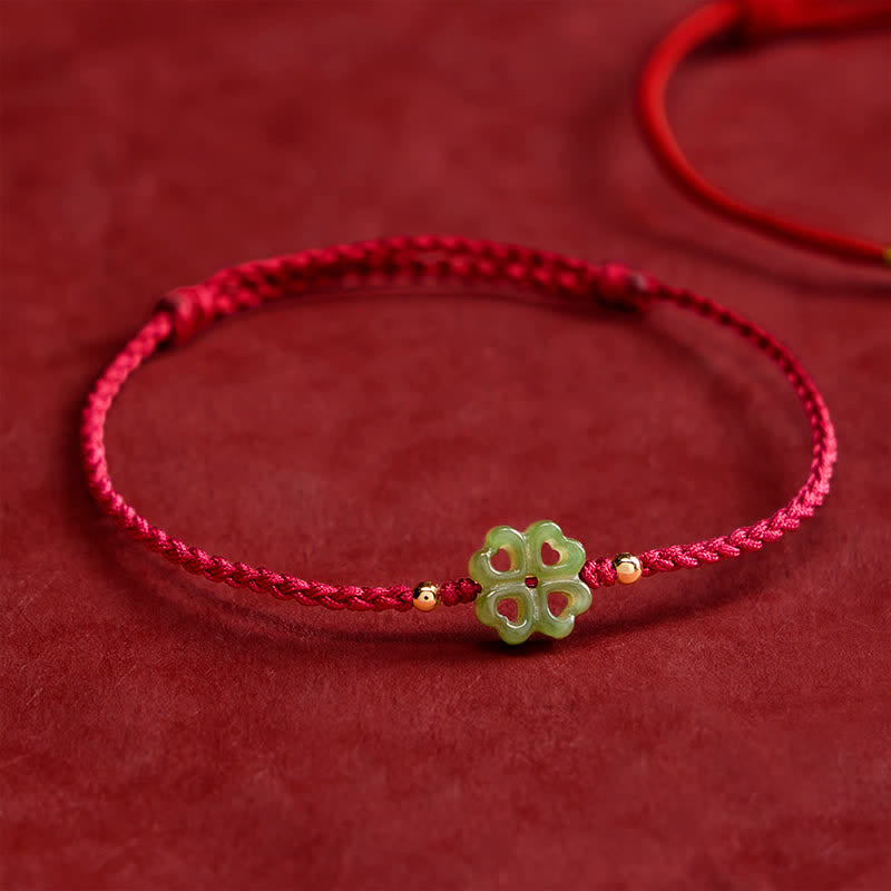 Buddha Stones Natural Hetian Cyan Jade Four-leaf Clover Luck Red Rope Bracelet