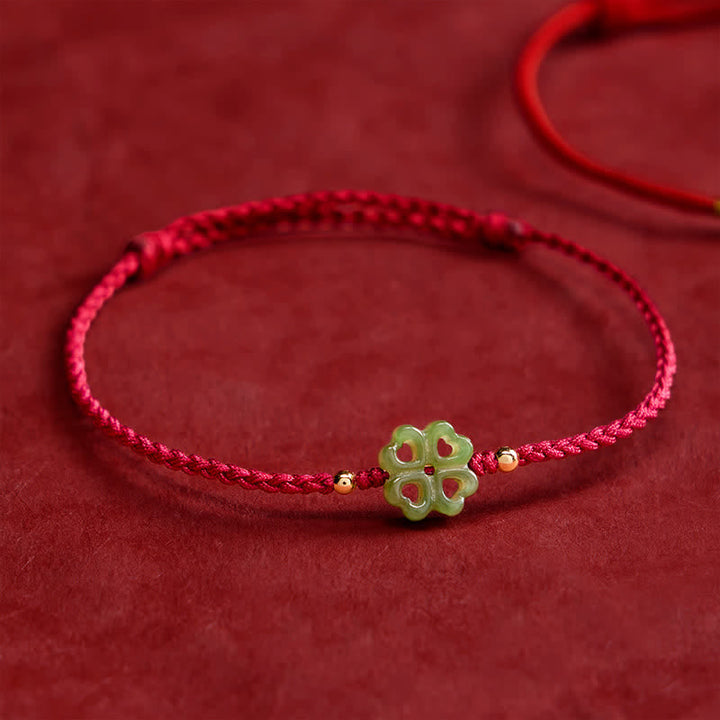 Buddha Stones Natural Hetian Cyan Jade Four-leaf Clover Luck Red Rope Bracelet