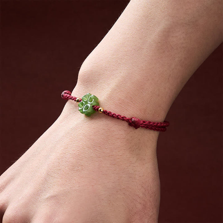Buddha Stones Natural Hetian Cyan Jade Four-leaf Clover Luck Red Rope Bracelet