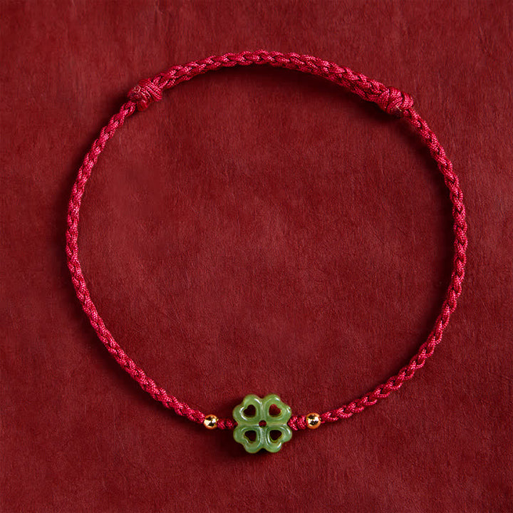 Buddha Stones Natural Hetian Cyan Jade Four-leaf Clover Luck Red Rope Bracelet