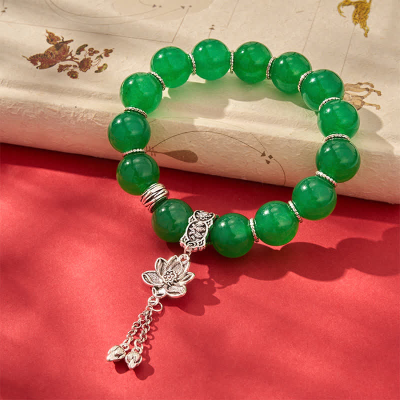 Buddha Stones Natural Green Quartzite Jade Beads Lotus Charm Protection Bracelet