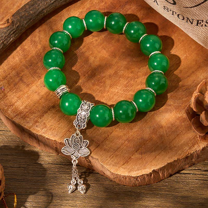 Buddha Stones Natural Green Quartzite Jade Beads Lotus Charm Protection Bracelet