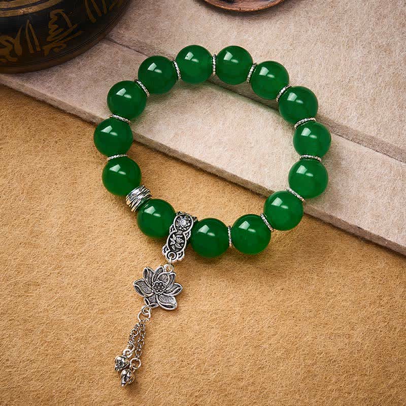 Buddha Stones Natural Green Quartzite Jade Beads Lotus Charm Protection Bracelet