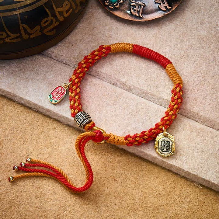 Buddha Stones Tibetan Zakiram Protection Red Orange Multicolor Braided Rope Bracelet