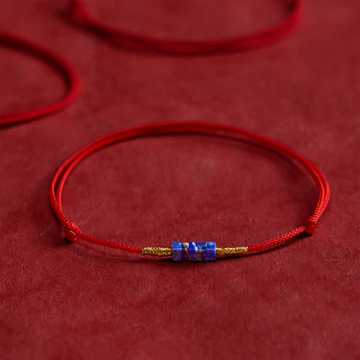 Buddha Stones Hand-Woven Ultra-fine Small Square Shape Lapis Lazuli Red String Luck Bracelet