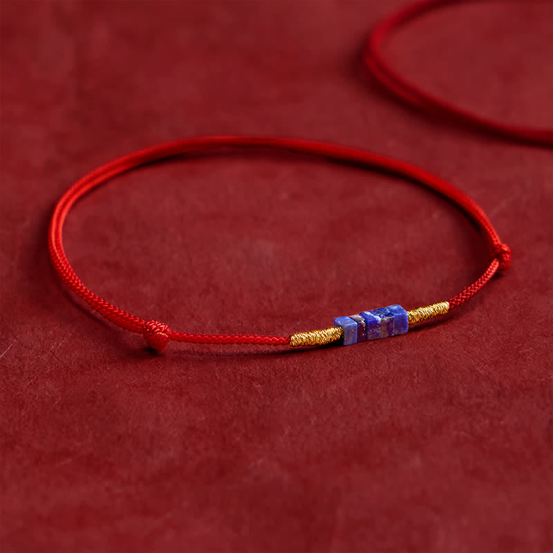 Buddha Stones Hand-Woven Ultra-fine Small Square Shape Lapis Lazuli Red String Luck Bracelet