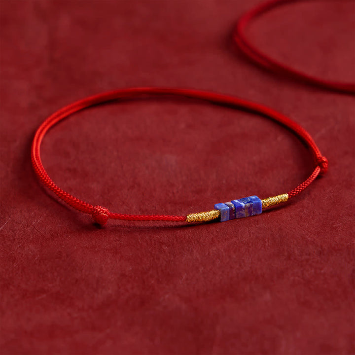 Buddha Stones Hand-Woven Ultra-fine Small Square Shape Lapis Lazuli Red String Luck Bracelet
