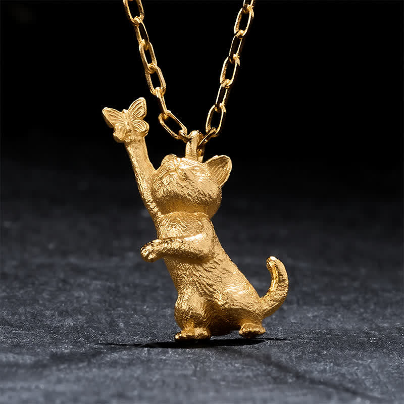 Buddha Stones Vintage Copper Cat and Butterfly Transformation Necklace