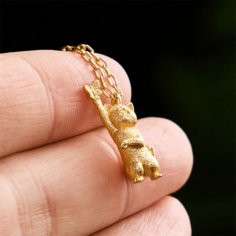 Buddha Stones Vintage Copper Cat and Butterfly Transformation Necklace