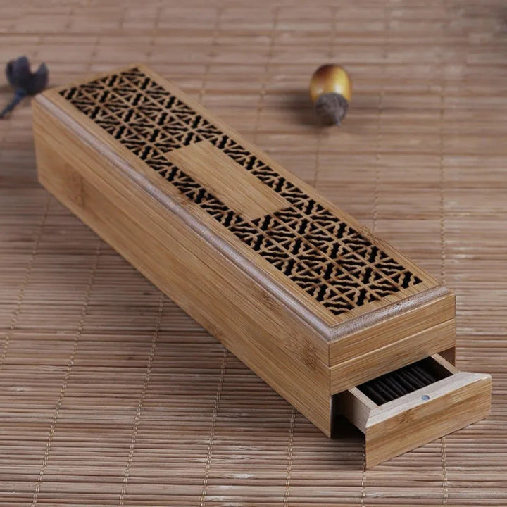Bamboo Incense Burner Incense Stick Holder With Drawer Joss-stick Box Hollow Aromatherapy Zen Lying Censer Home Office Teahouse