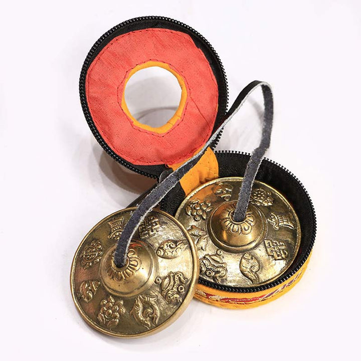Buddha Stones Tibetan Tingsha Bell Six True Words Dragon Copper Balance Decoration With Bag Buddhist Supplies BS Auspicious Eight Treasures&Bag