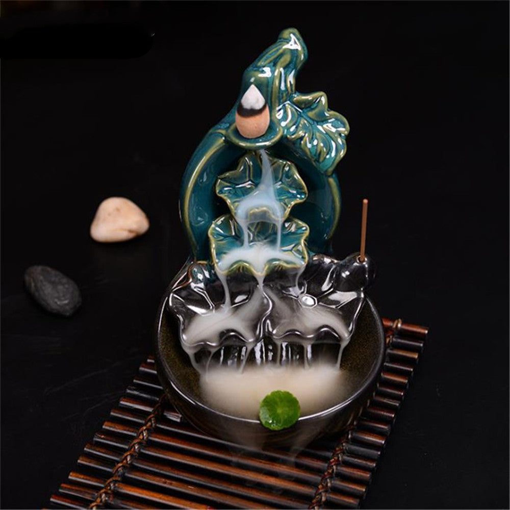 Green Glazed Ceramic Gourd Lotus Backflow Incense Burner