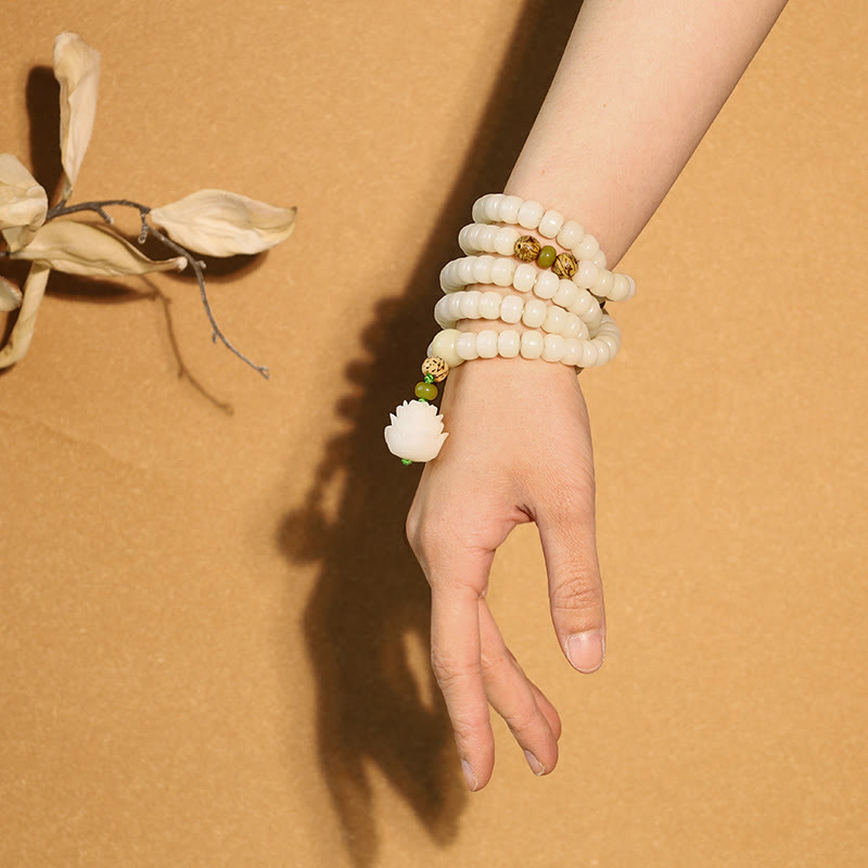 White Jade Bodhi Lotus Mala Harmony Necklace Bracelet