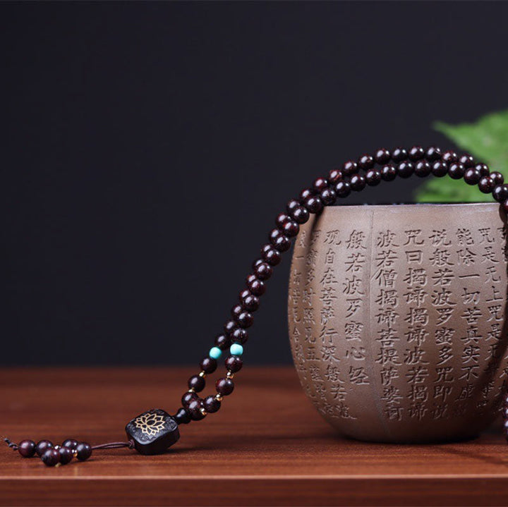 Buddha Stones 108 Mala Beads Tibetan Small Leaf Red Sandalwood Lotus Balance Bracelet Bracelet Mala BS 5