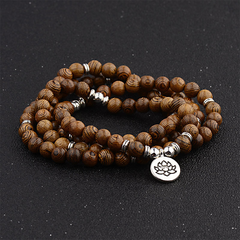 Wood bead lotus charm mala — view 2