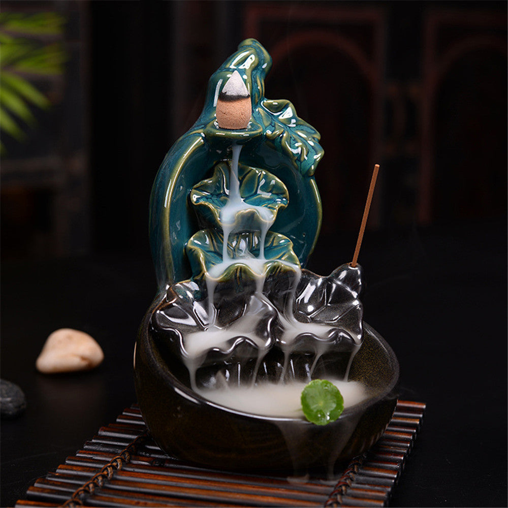 Green Glazed Ceramic Gourd Lotus Backflow Incense Burner