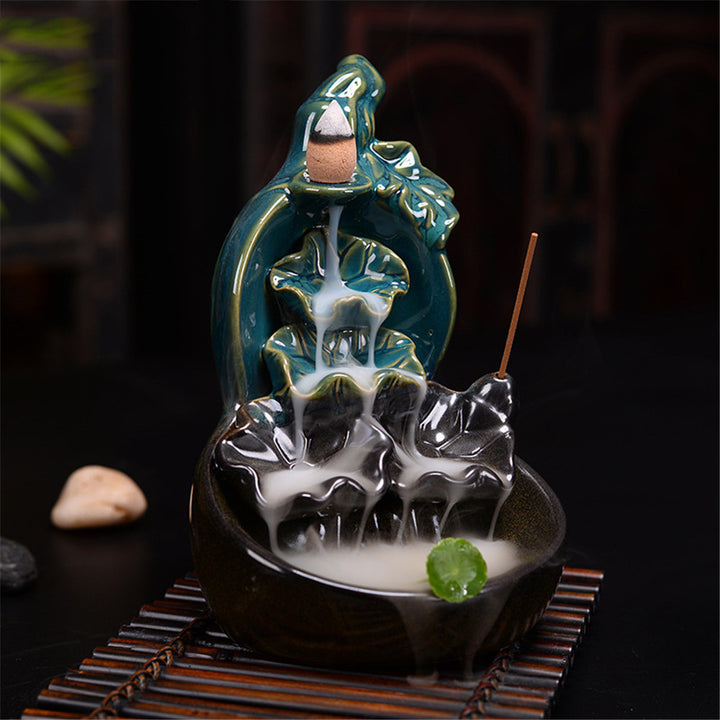 Green Glazed Ceramic Gourd Lotus Backflow Incense Burner